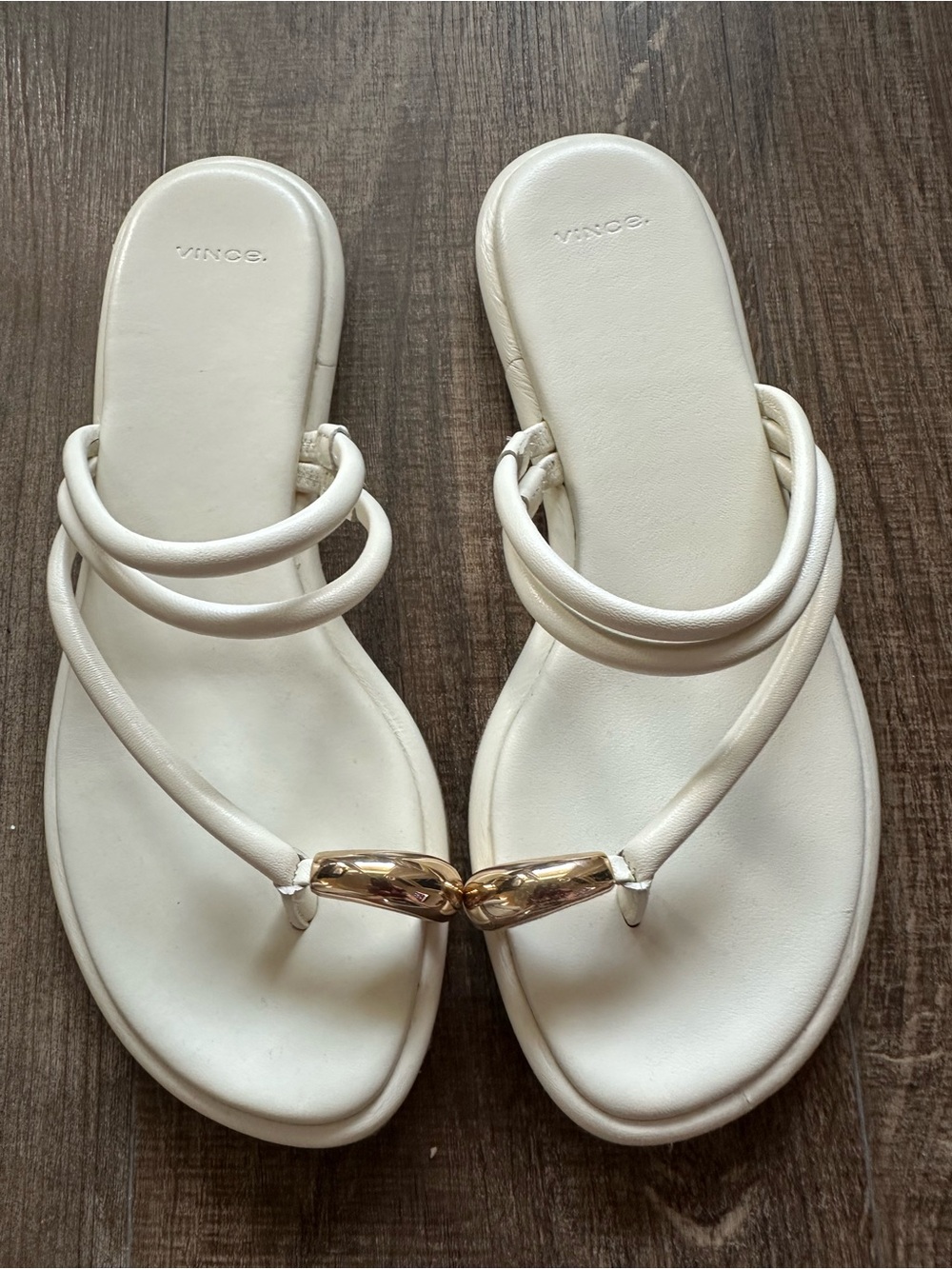 Vince White Strappy Toe-Post Sandals with Gold Accent - Picture 2 of 4